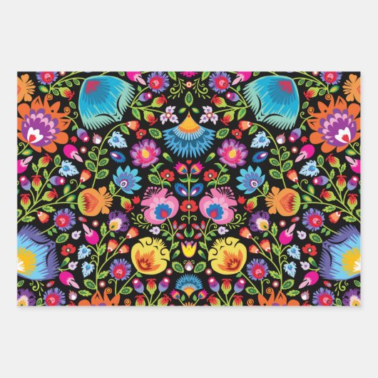 Folklore bloemen Wycinanki zwart Inpakpapier Vel (Voorkant)