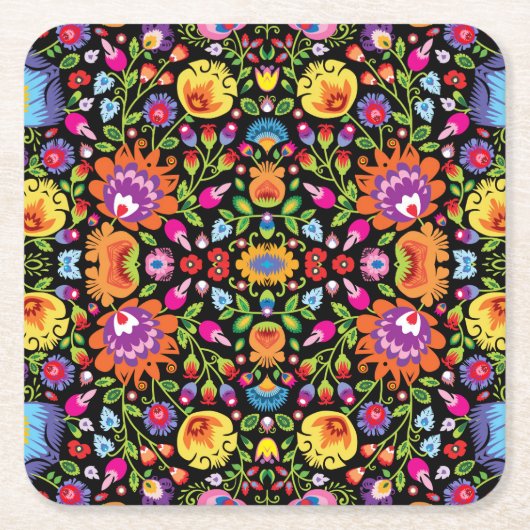 Folklore bloemen Wycinanki zwart Kartonnen Onderzetters (Voorkant)