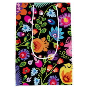 Folklore bloemen Wycinanki zwart Medium Cadeauzakje