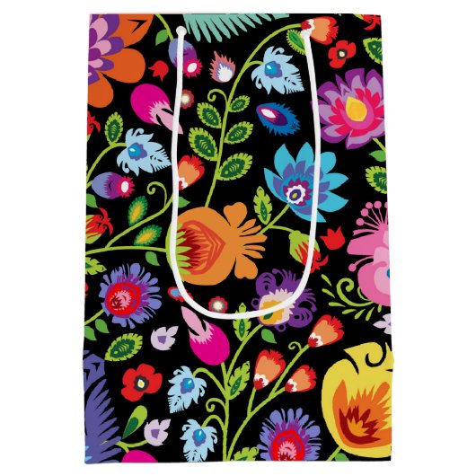 Folklore bloemen Wycinanki zwart Medium Cadeauzakje (Achterkant)