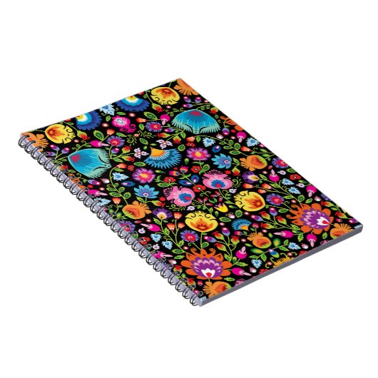 Folklore bloemen Wycinanki zwart Notitieboek (Rechterzijde)