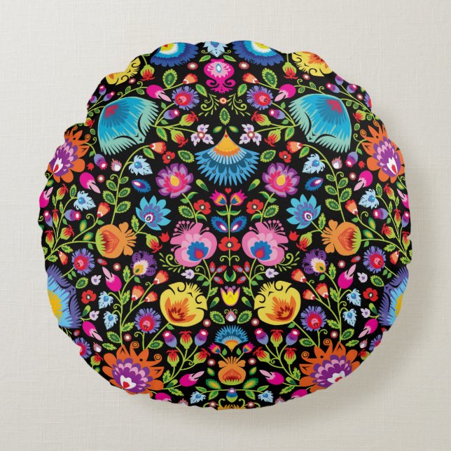 Folklore bloemen Wycinanki zwart Rond Kussen (Voorkant)