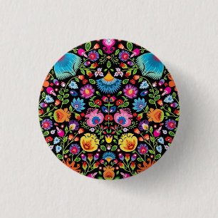 Folklore bloemen Wycinanki zwart Ronde Button 3,2 Cm
