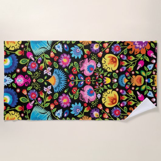 Folklore bloemen Wycinanki zwart Strandlaken (Voorkant)