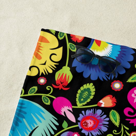 Folklore bloemen Wycinanki zwart Strandlaken (In situ)