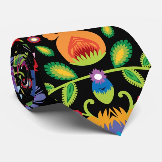 Folklore bloemen Wycinanki zwart Stropdas (Opgerold)