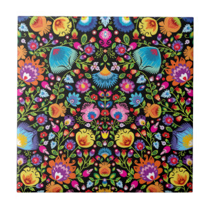 Folklore bloemen Wycinanki zwart Tegeltje