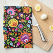 Folklore bloemen Wycinanki zwart Theedoek (Quarter Fold)