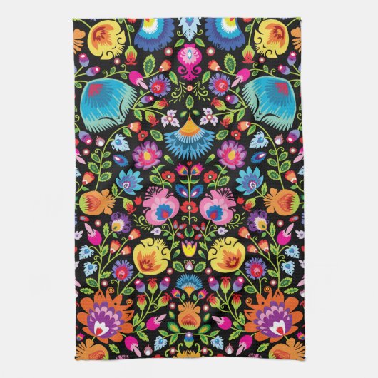 Folklore bloemen Wycinanki zwart Theedoek (Verticaal)