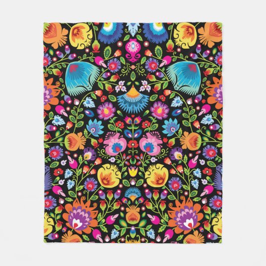 Folklore flowers Wycinanki black  Fleece Deken (Voorkant)