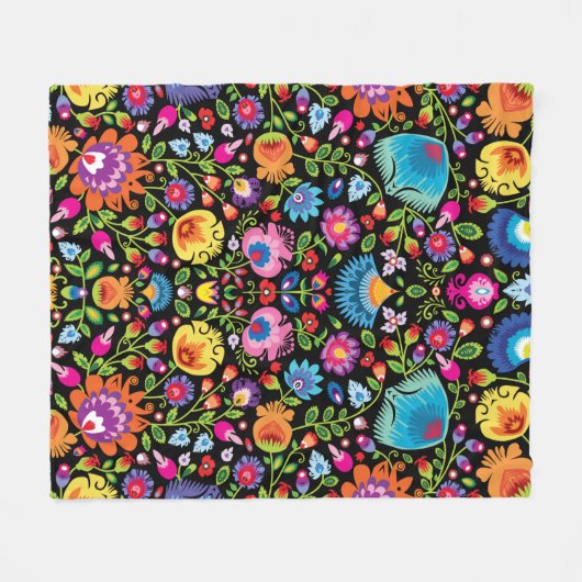 Folklore flowers Wycinanki black  Fleece Deken (Voorkant (Horizontaal))