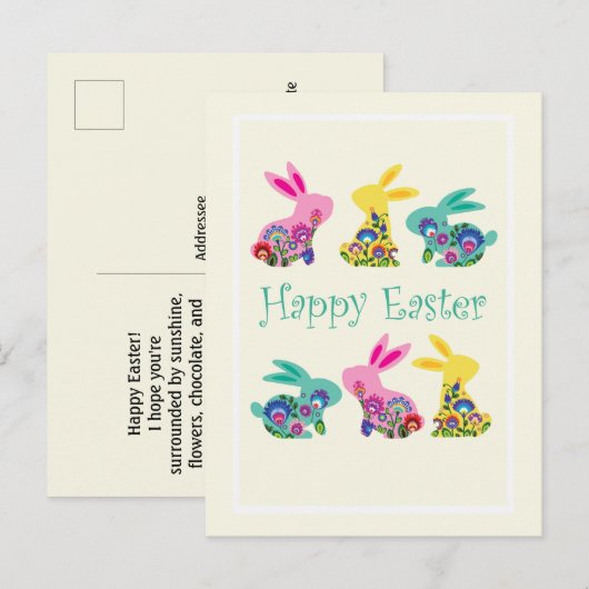 Folklore Happy Easter Bunnies geel Briefkaart (Voorkant / Achterkant)