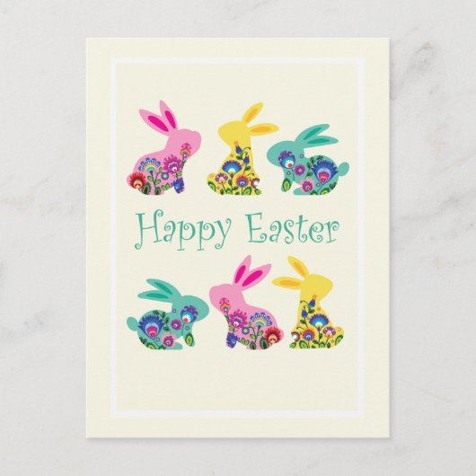 Folklore Happy Easter Bunnies geel Briefkaart (Voorkant)