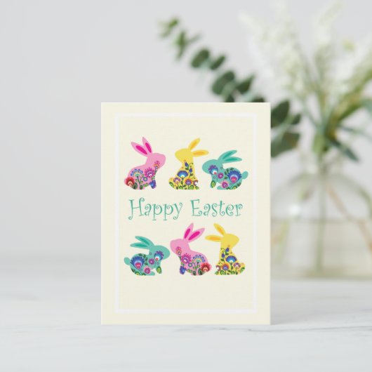Folklore Happy Easter Bunnies geel Briefkaart (Staand voorkant)