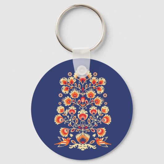 💙 💛 Folklore met gele bloemen en vogels Butto Sleutelhanger (Voorkant)