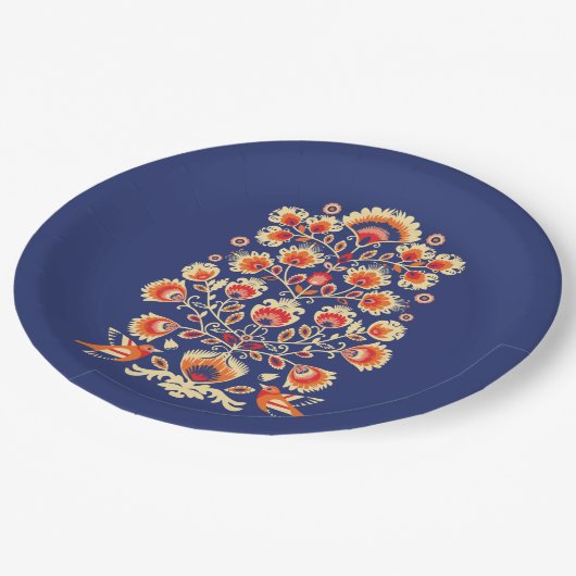 💙 💛 Folklore met gele bloemen en vogels Papieren Bordje (Gekanteld)