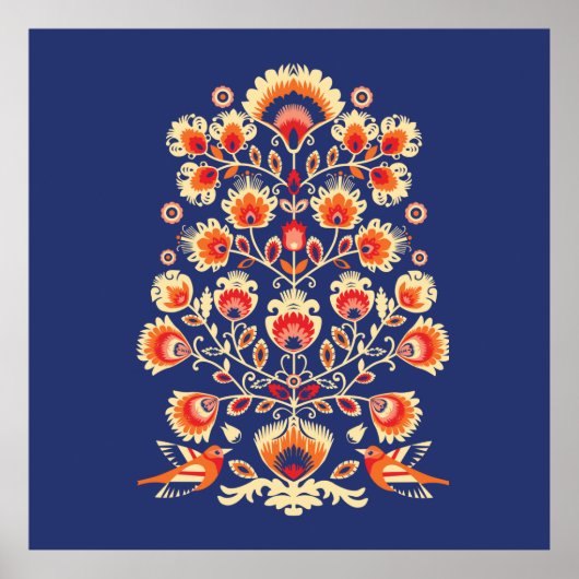 💙 💛 Folklore met gele bloemen en vogels Poster (Voorkant)