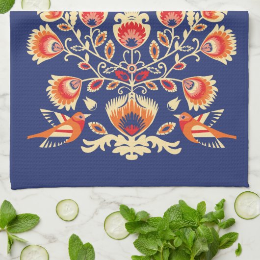 💙 💛 Folklore met gele bloemen en vogels Theedoek (Gevouwen)