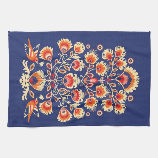 💙 💛 Folklore met gele bloemen en vogels Theedoek (Horizontaal)