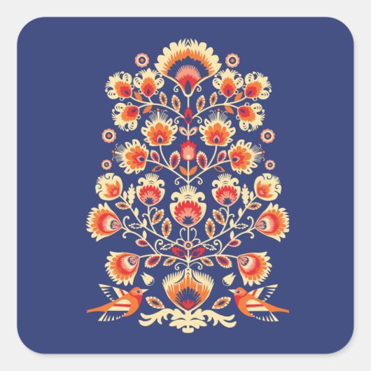 💙 💛 Folklore met gele bloemen en vogels Vierkante Sticker (Voorkant)
