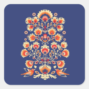 💙 💛 Folklore met gele bloemen en vogels Vierkante Sticker