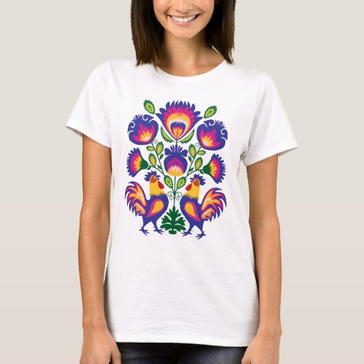 Folklore met roze roze roosters T-Shirt (Voorkant)