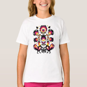 Folklore met zwarte, roze en gele roosters t-shirt