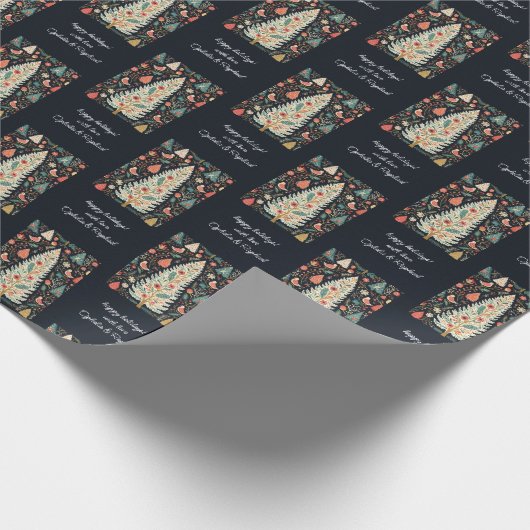 Folklore Patroon Kerstboom Vogels Bloemen Naam Cadeaupapier (Hoek)