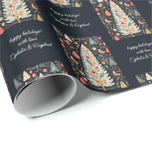 Folklore Patroon Kerstboom Vogels Bloemen Naam Cadeaupapier (Rol Hoek)