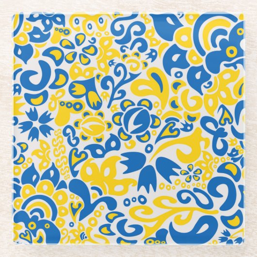 Folklore pattern with Oekrainian flag covu Glazen Onderzetter (Voorkant)