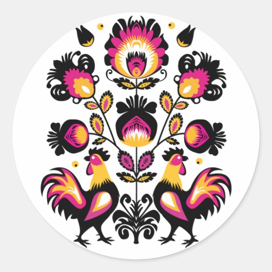 Folklore with black, pink and yellow roosters ronde sticker (Voorkant)