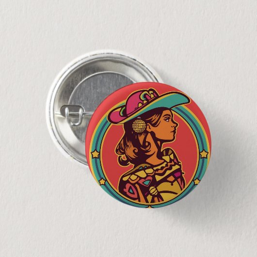 Folkloric Cowgirl Button Pin – Retro Profile Desig (Voorkant /achterkant)