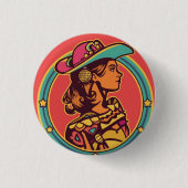 Folkloric Cowgirl Button Pin – Retro Profile Desig (Voorkant)