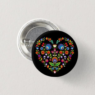 Folkloristische hart, Wycinanki-stijl  Ronde Button 3,2 Cm
