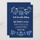 Folksy Blauwe Bloemen Bruiloft Kaart (Voorkant / Achterkant)