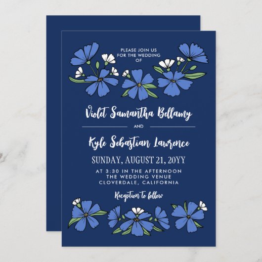 Folksy Blauwe Bloemen Bruiloft Kaart (Voorkant / Achterkant)