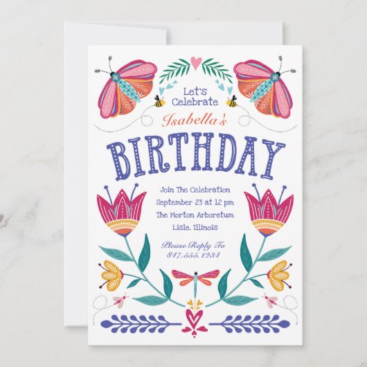 Folksy Bugs Kind Birthday Invitation Kaart (Voorkant)