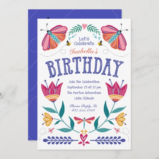 Folksy Bugs Kind Birthday Invitation Kaart (Voorkant / Achterkant)