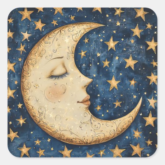 Folksy Celestial Moon Vierkante Sticker (Voorkant)