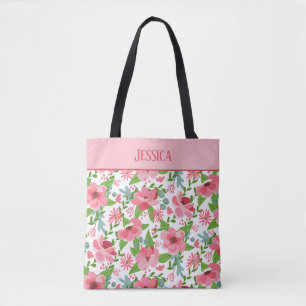 Folksy Feminine Pink Floral Tote Bag