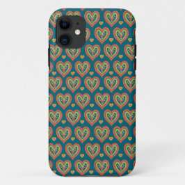Folksy Red en Green Romantic Hearts op donker Blau Case-Mate iPhone Case