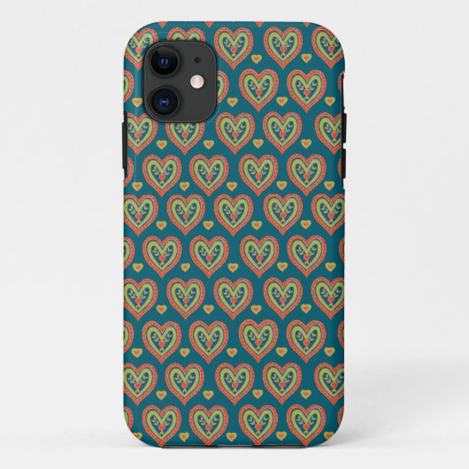 Folksy Red en Green Romantic Hearts op donker Blau Case-Mate iPhone Case (Achterkant)