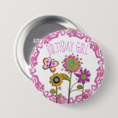 Folksy Whimsical Floral Birthday Girl Button (Voorkant /achterkant)