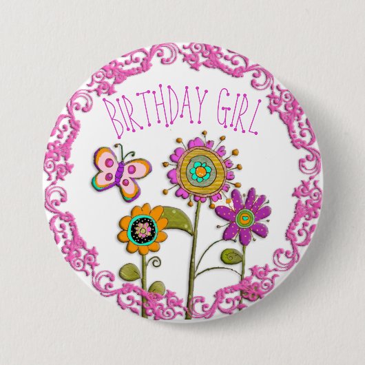 Folksy Whimsical Floral Birthday Girl Button (Voorkant)