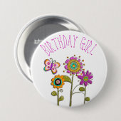 Folksy Whimsical Floral Birthday Girl Button (Voorkant /achterkant)