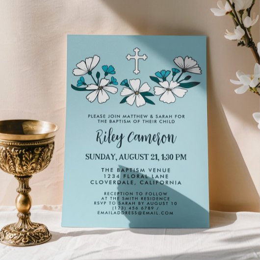 Folksy Wit Blauw Bloemen Jongen Doop Kaart