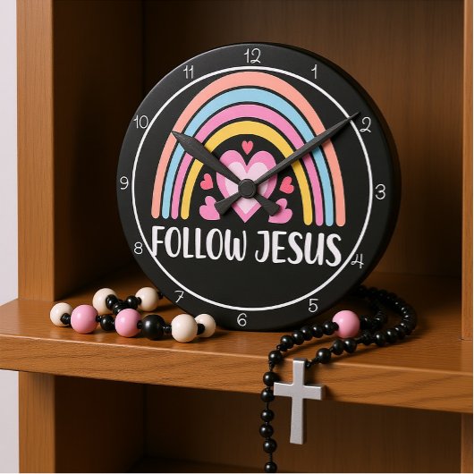 Follow Jesus Rainbow With Hearts Graphic Ronde Klok