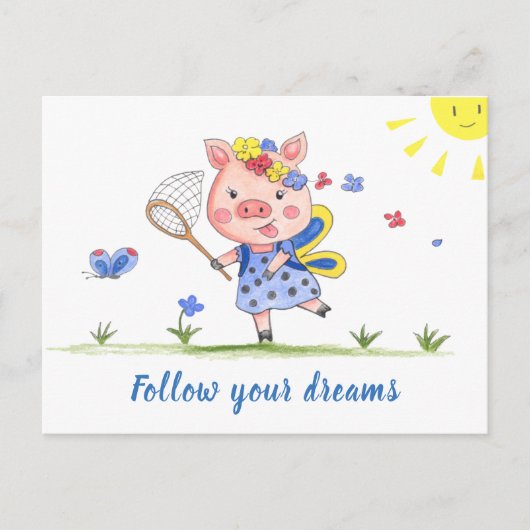 Follow Your Dreams//Funny Piglet Briefkaart (Voorkant)