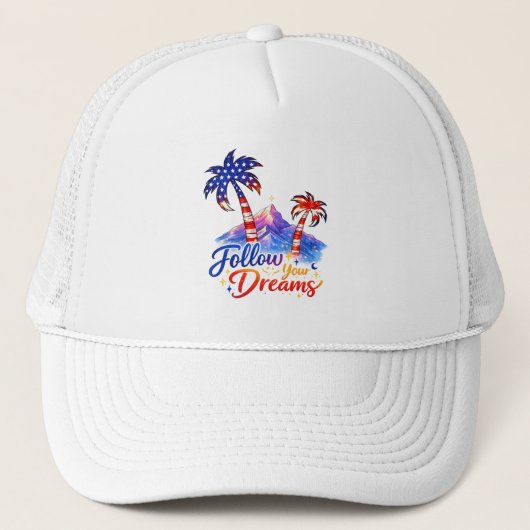 Follow Your Dreams Patriotic Palm Tree Trucker Hat Pet (Voorkant)