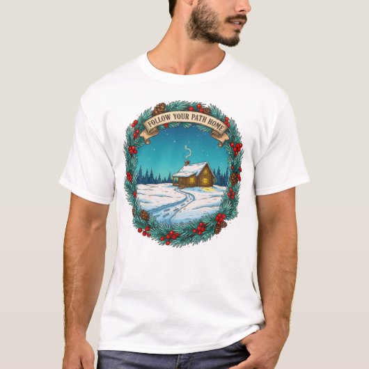 Follow Your Path Home Christmas Cabin Scene T-shirt (Voorkant)